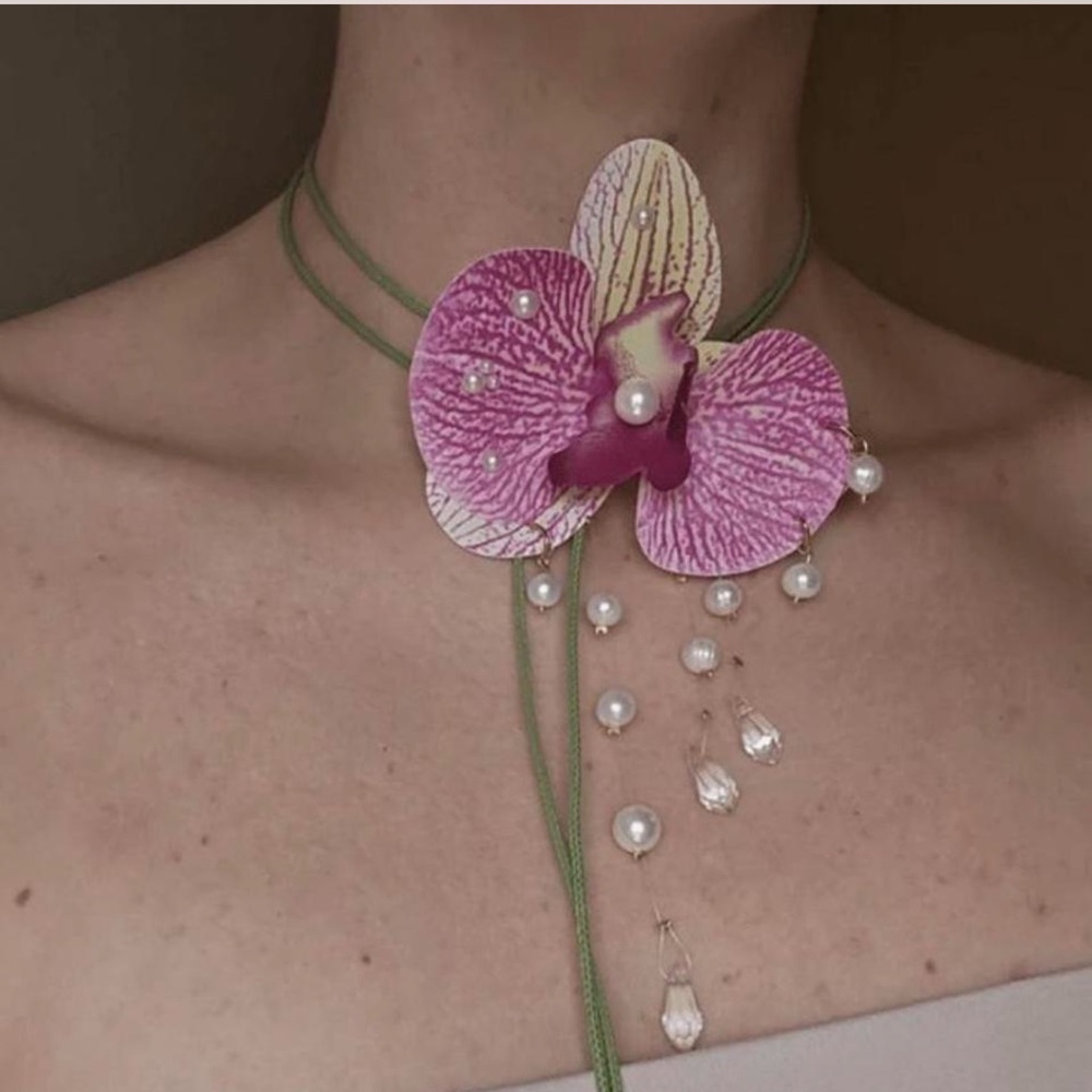 Handcrafted Pink Orchid Pearl Drop Choker Necklace